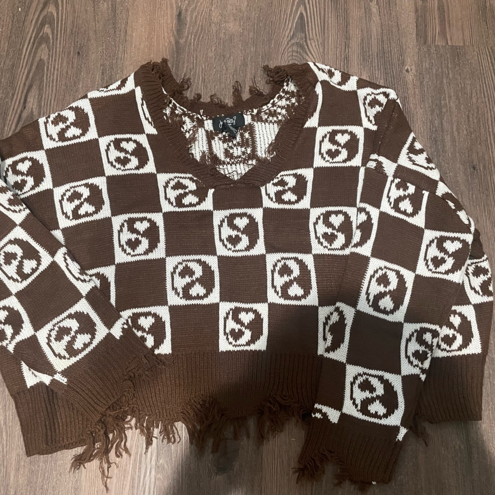Brown and White Checkered Sweater